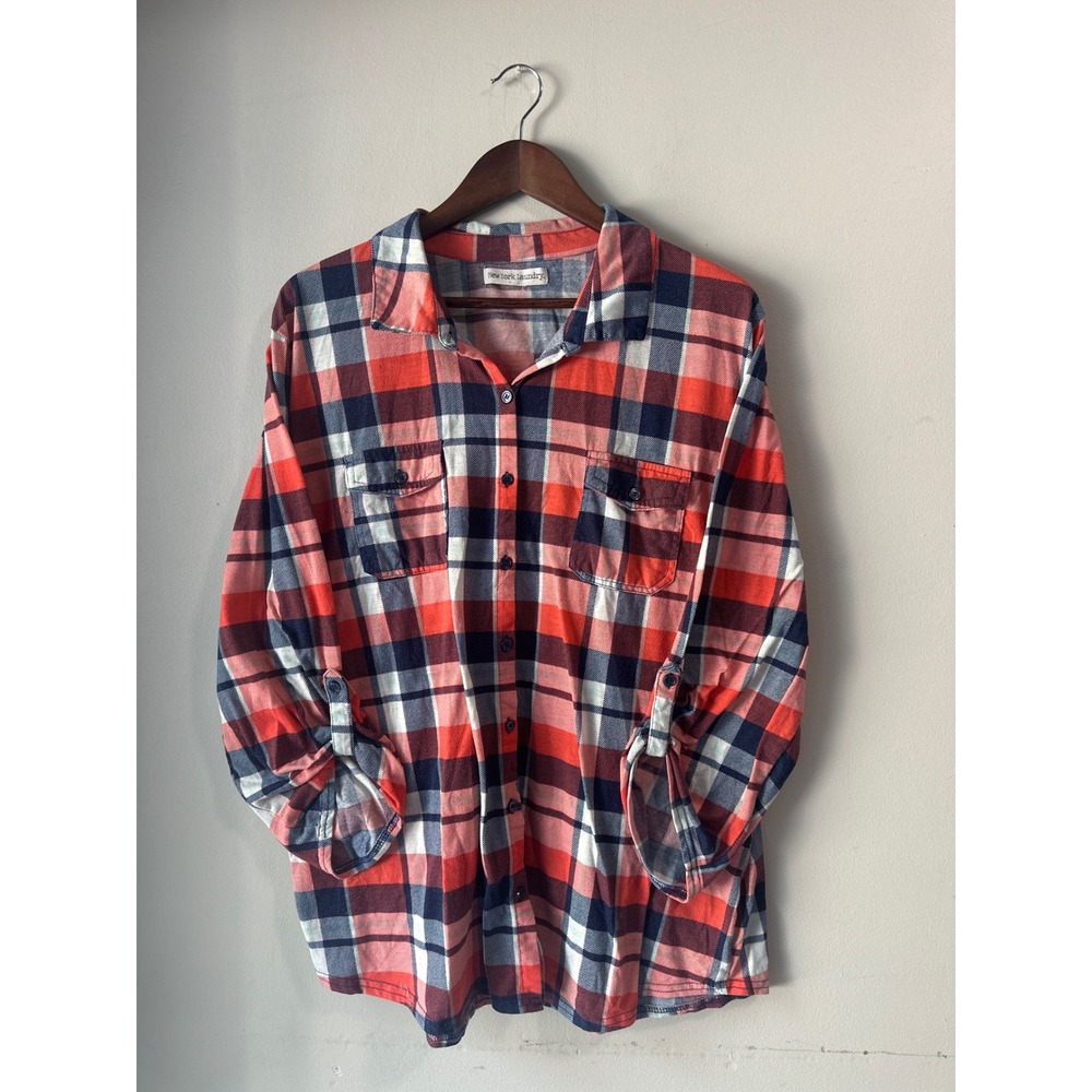 Orange Navy Plaid Flannel Shirt Fall Game Day Oversized Button Up